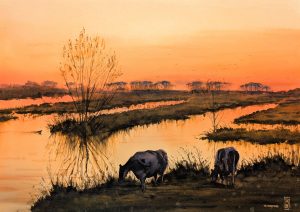 Koeien bij de Plassen in avondrood